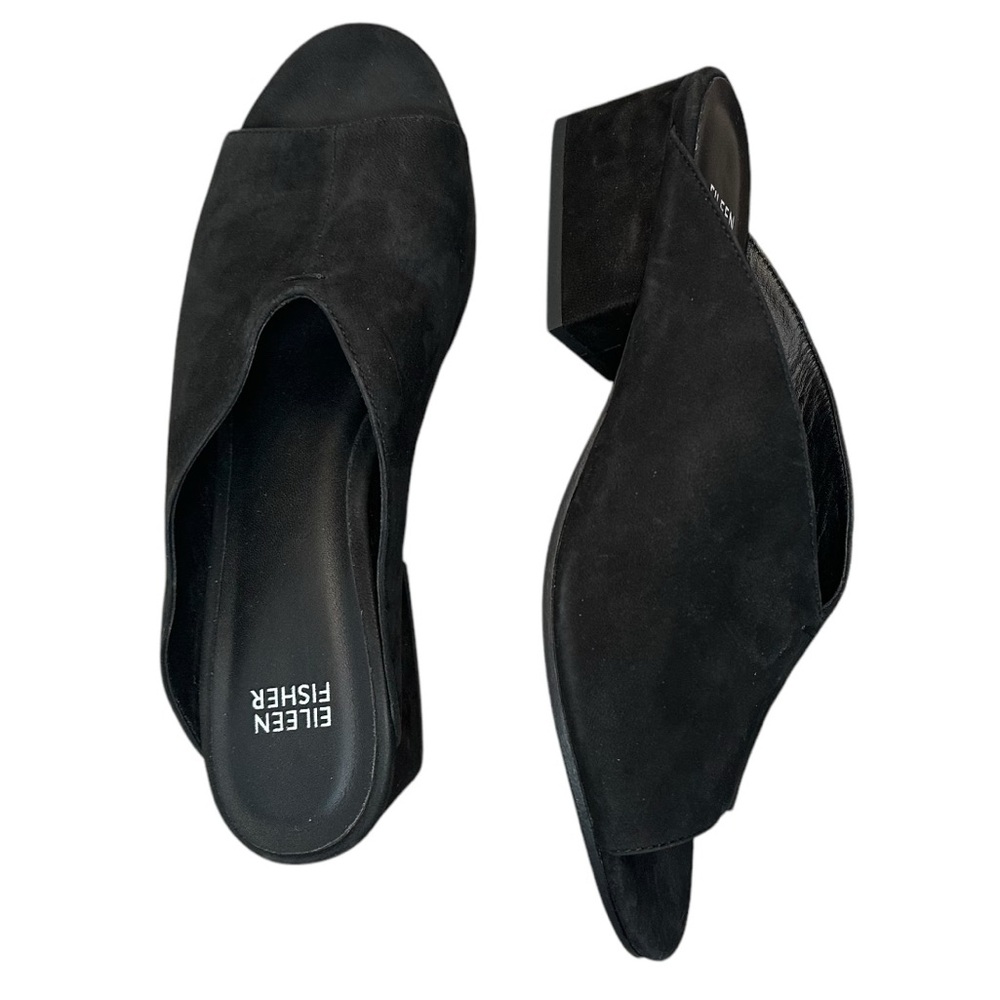 Eileen Fisher Mules Open Toe Black Nubuck Leather Block Sz 8.5 City Modern